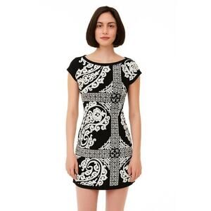 White House Black Market Dress Small Black White‎ Paisley 100% Silk Cap Sleeve